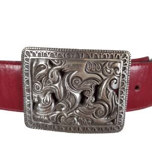 Vintage 90s Red Faux Leather Statement Belt Silver Filigree Buckle M